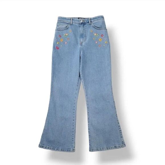 NEW Minga London High Rise Crop Flare Embroidered Flowers Light Wash Denim 2/26 - Picture 2 of 13
